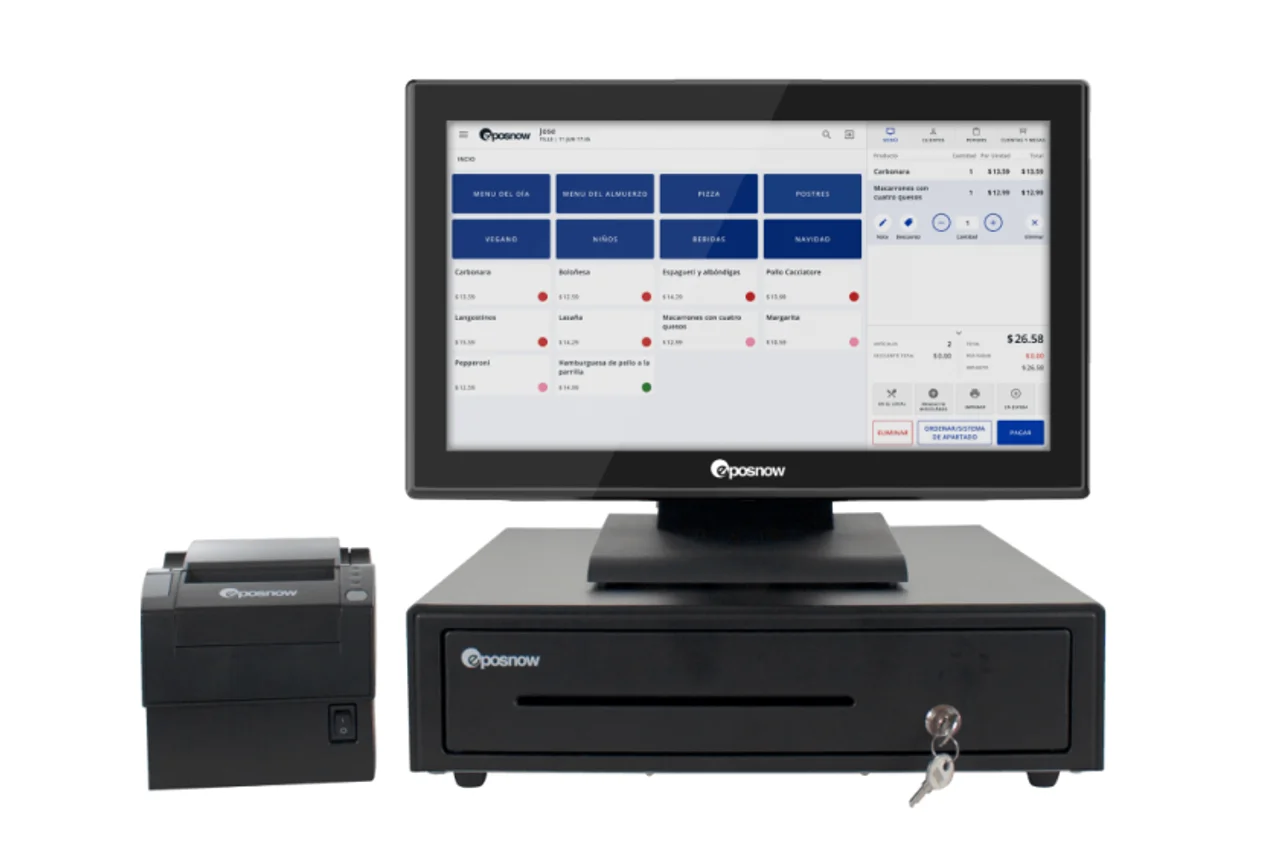 Terminal punto de venta Epos Now con pantalla, impresora de tickets y cajón de efectivo